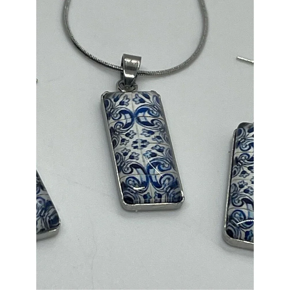 Hand Crafted Blue White Glass Rectangle Pendant Necklace Earrings Set NWT